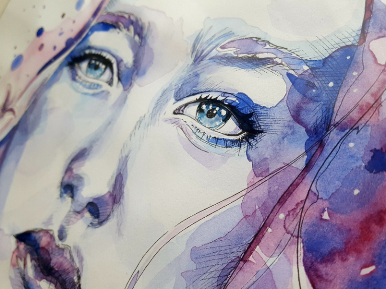 A watercolor painting of a person's face.