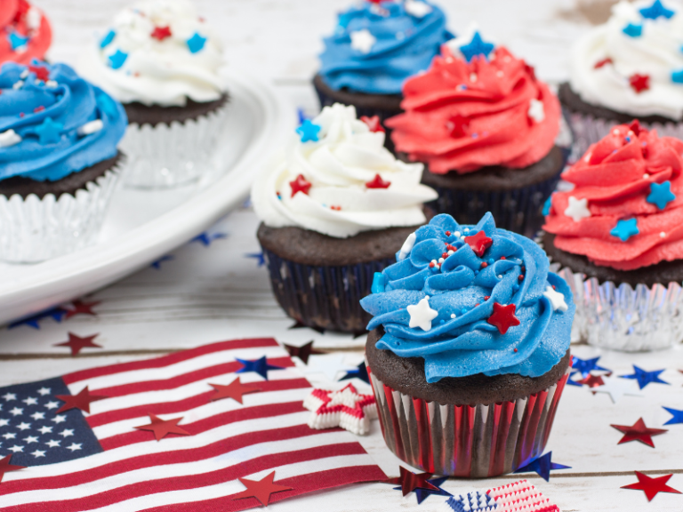 Cupcakes decorated in a fourth of July theme.